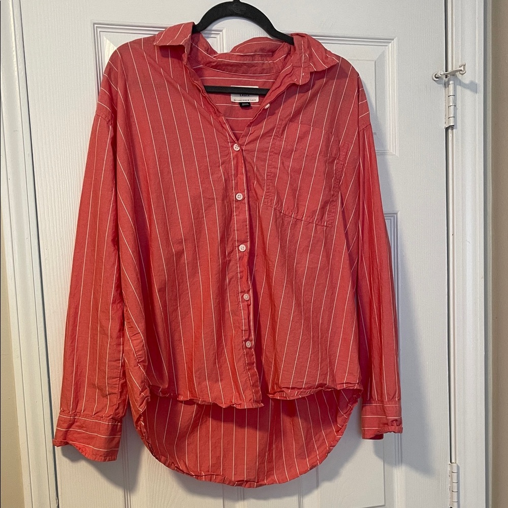 American Eagle Outfitters Coral Red Striped Button-Down Shirt